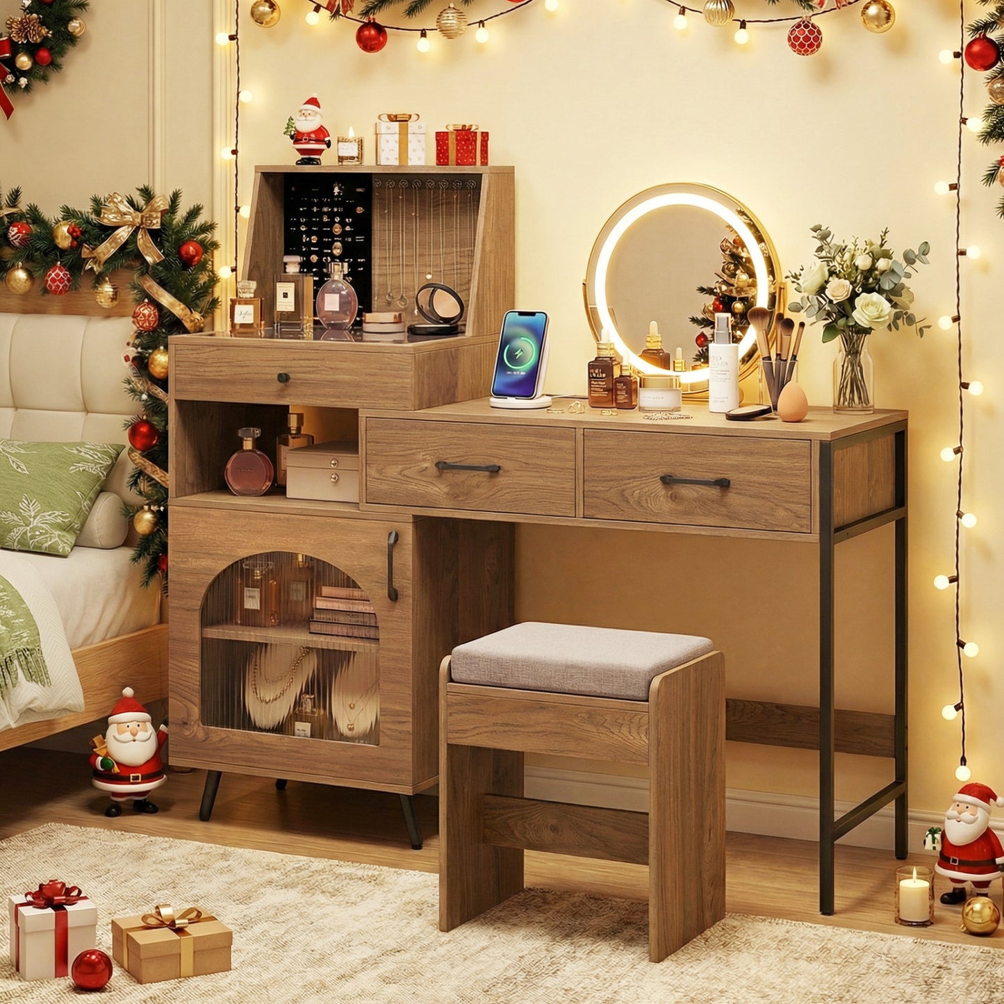 Vanity Desk with Lighted Mirror & Jewelry Storage