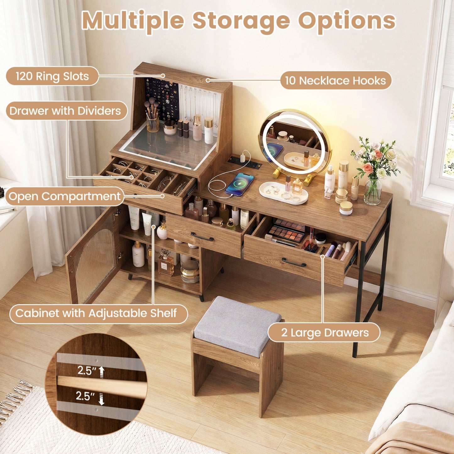 Vanity Desk with Lighted Mirror & Jewelry Storage