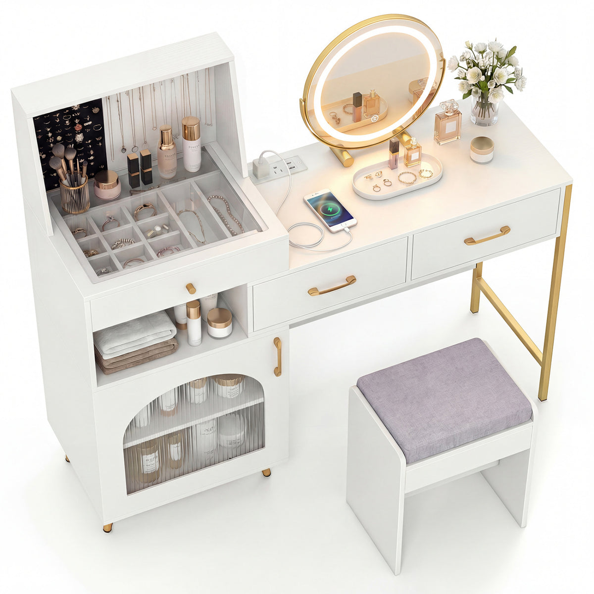 Vanity Desk with Lighted Mirror, Storage & Cushioned Stool