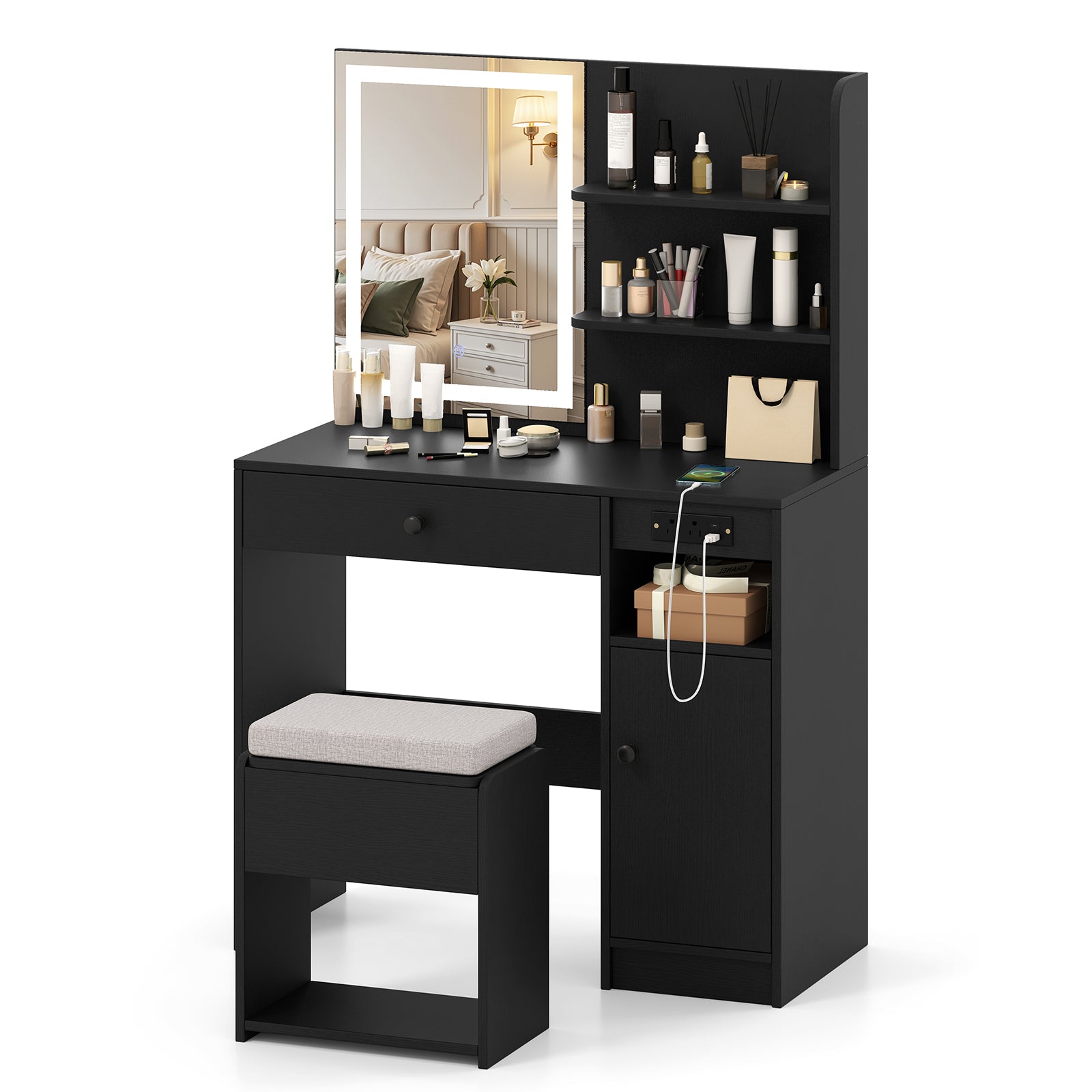 Vanity Desk with Mirror and Lights-Black - Black