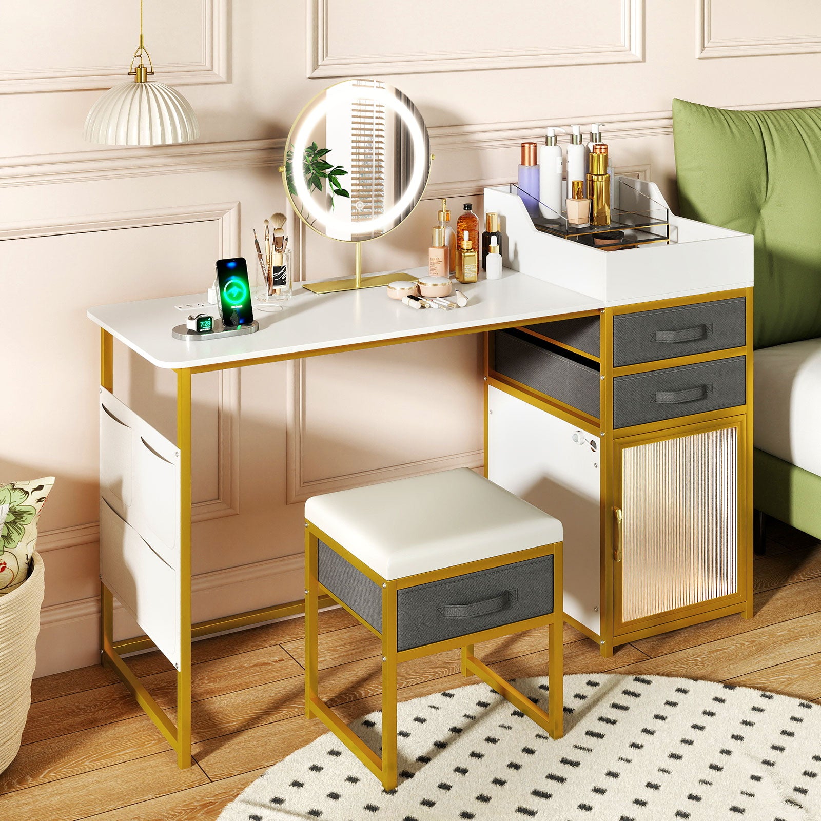 Vanity Desk with Rotatable Lighted Mirror 55 Inch Makeup Vanity Table-White