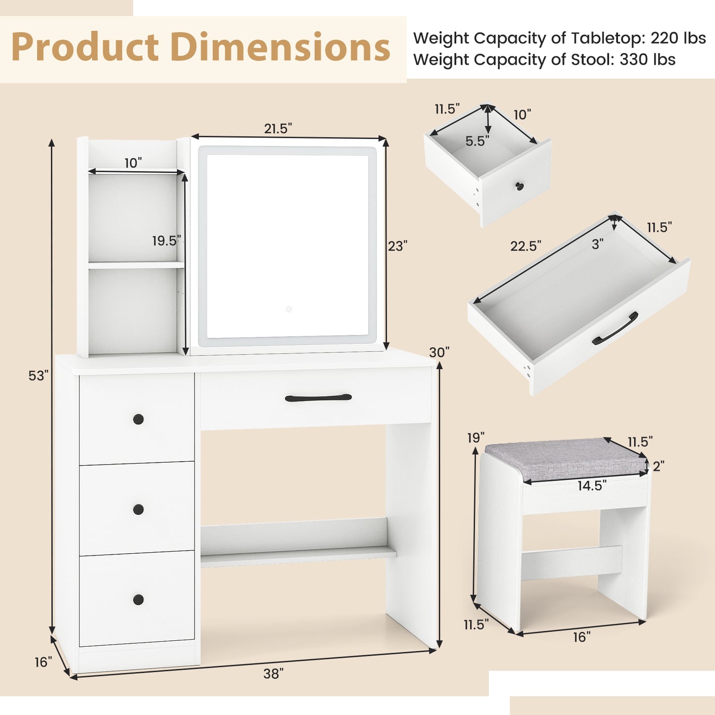 Vanity Desk with Sliding Mirror and Lights Makeup Table and Chair Set with 4 Drawers-White