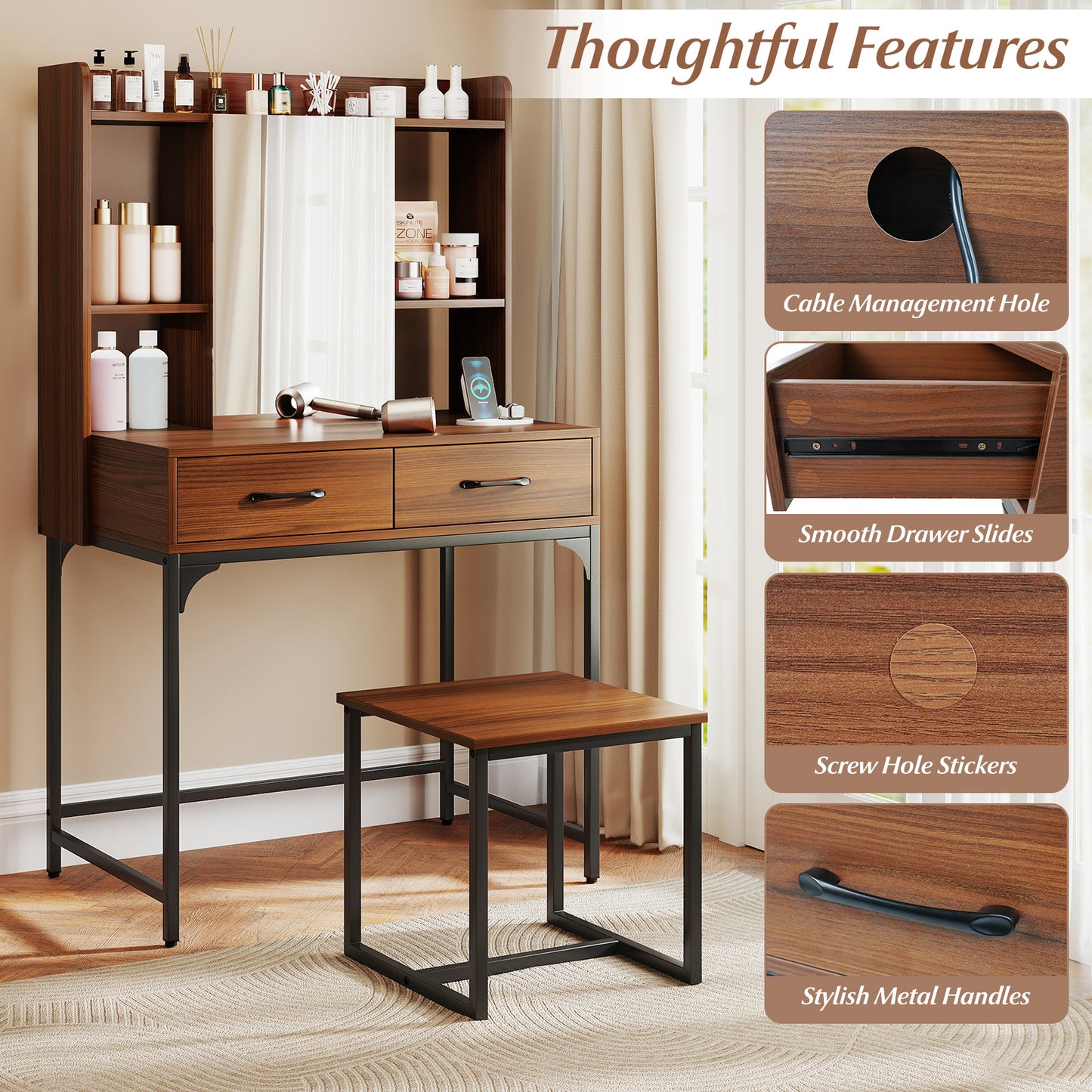 Vanity Desk with Storage Drawers and Charging Station-Walnut