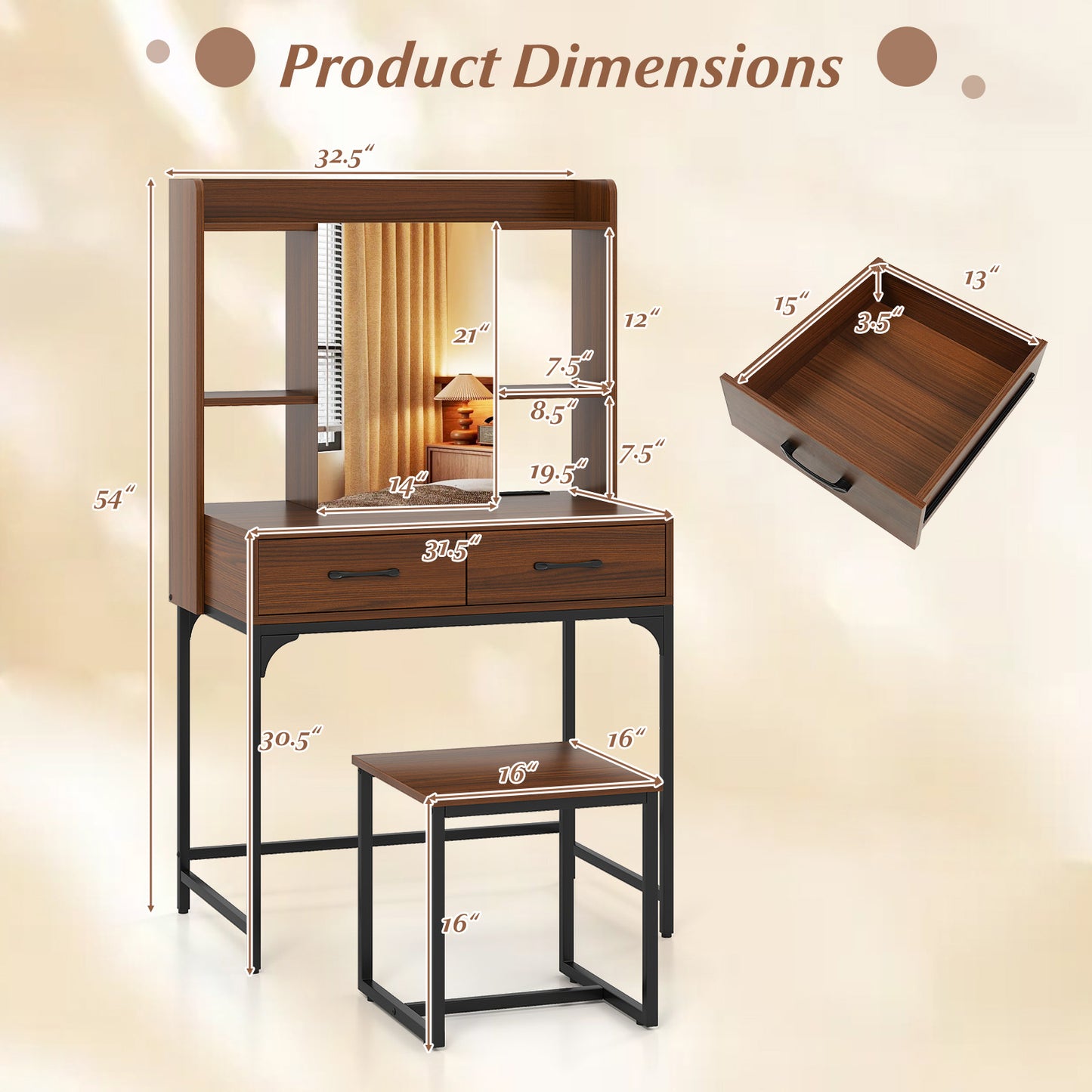 Vanity Desk with Storage Drawers and Charging Station-Walnut