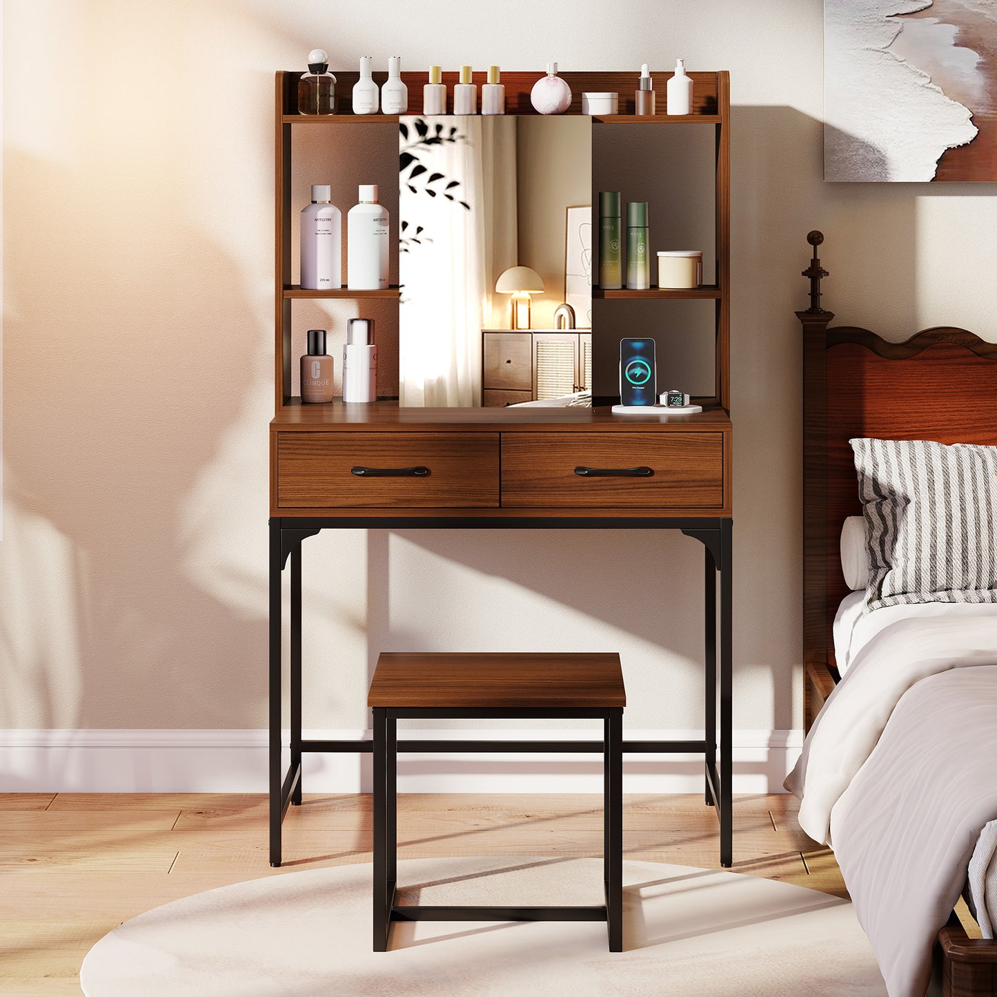 Vanity Desk with Storage Drawers and Charging Station-Walnut