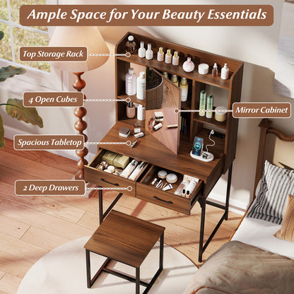 Vanity Desk with Storage Drawers and Charging Station-Walnut