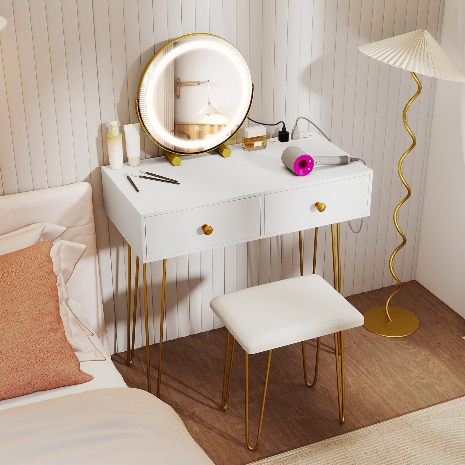 Vanity Desk with with Lighted Adjustable Mirror for Bedroom-White