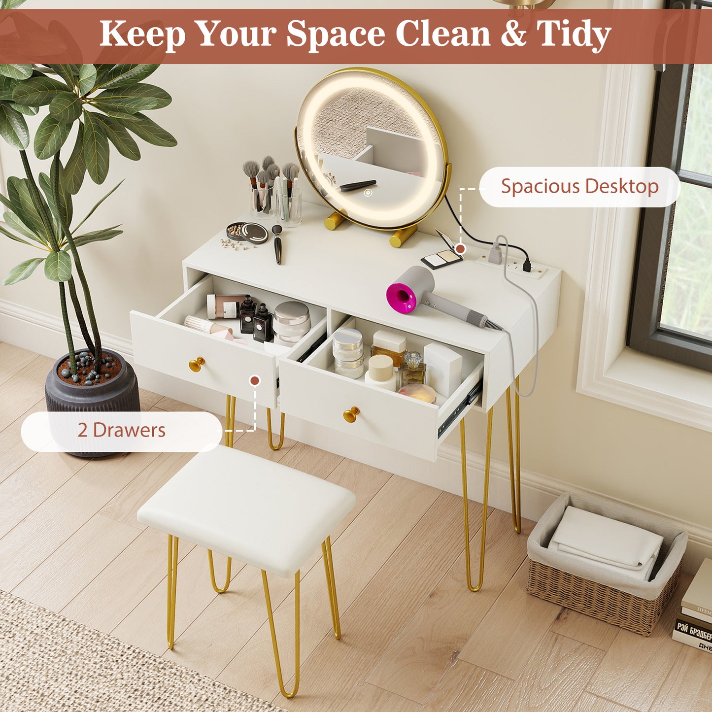 Vanity Desk with with Lighted Adjustable Mirror for Bedroom-White