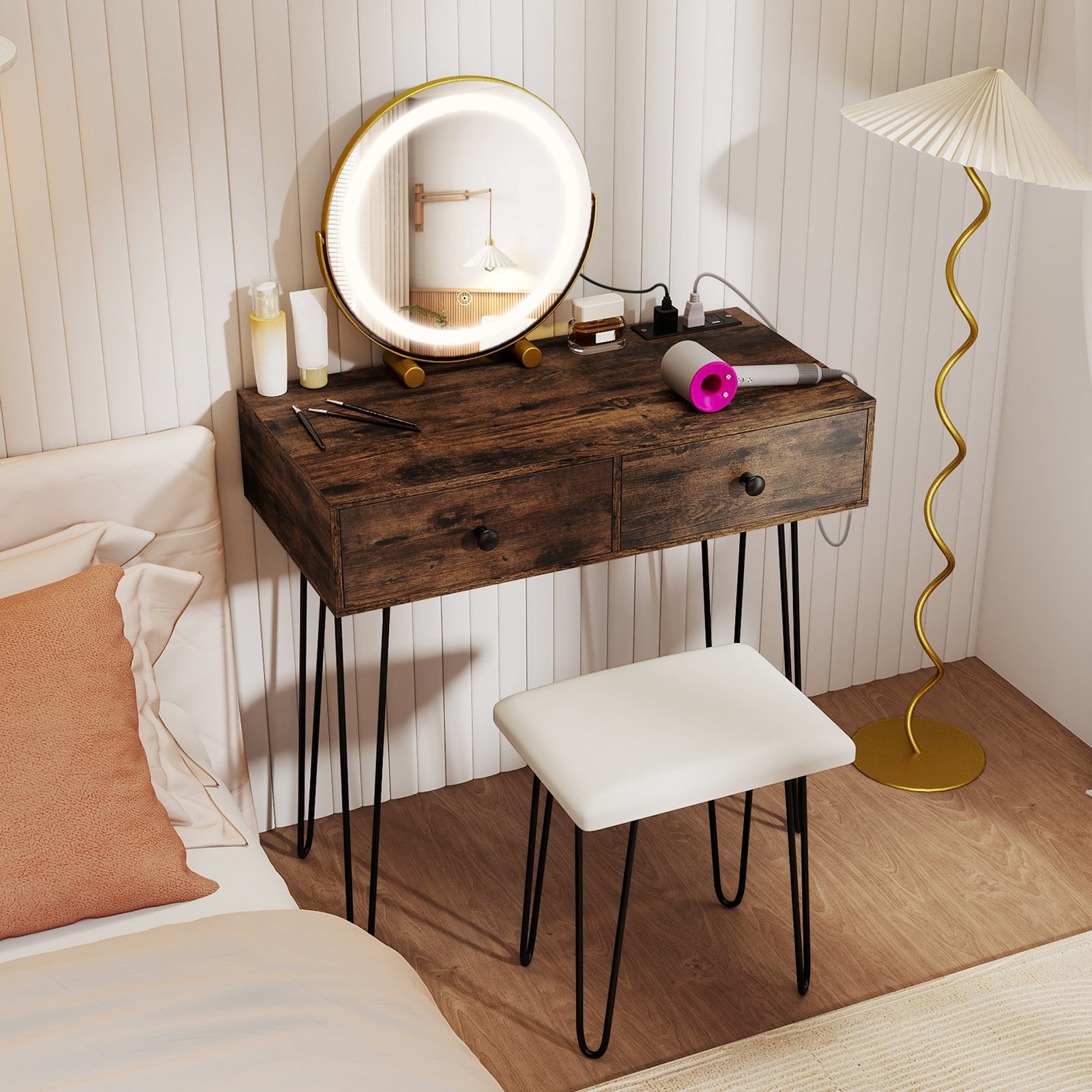 Vanity Desk with with Lighted Adjustable Mirror for Bedroom-Rustic Brown