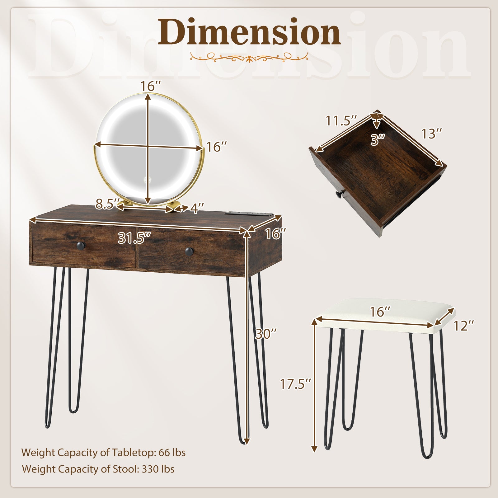 Vanity Desk with with Lighted Adjustable Mirror for Bedroom-Rustic Brown