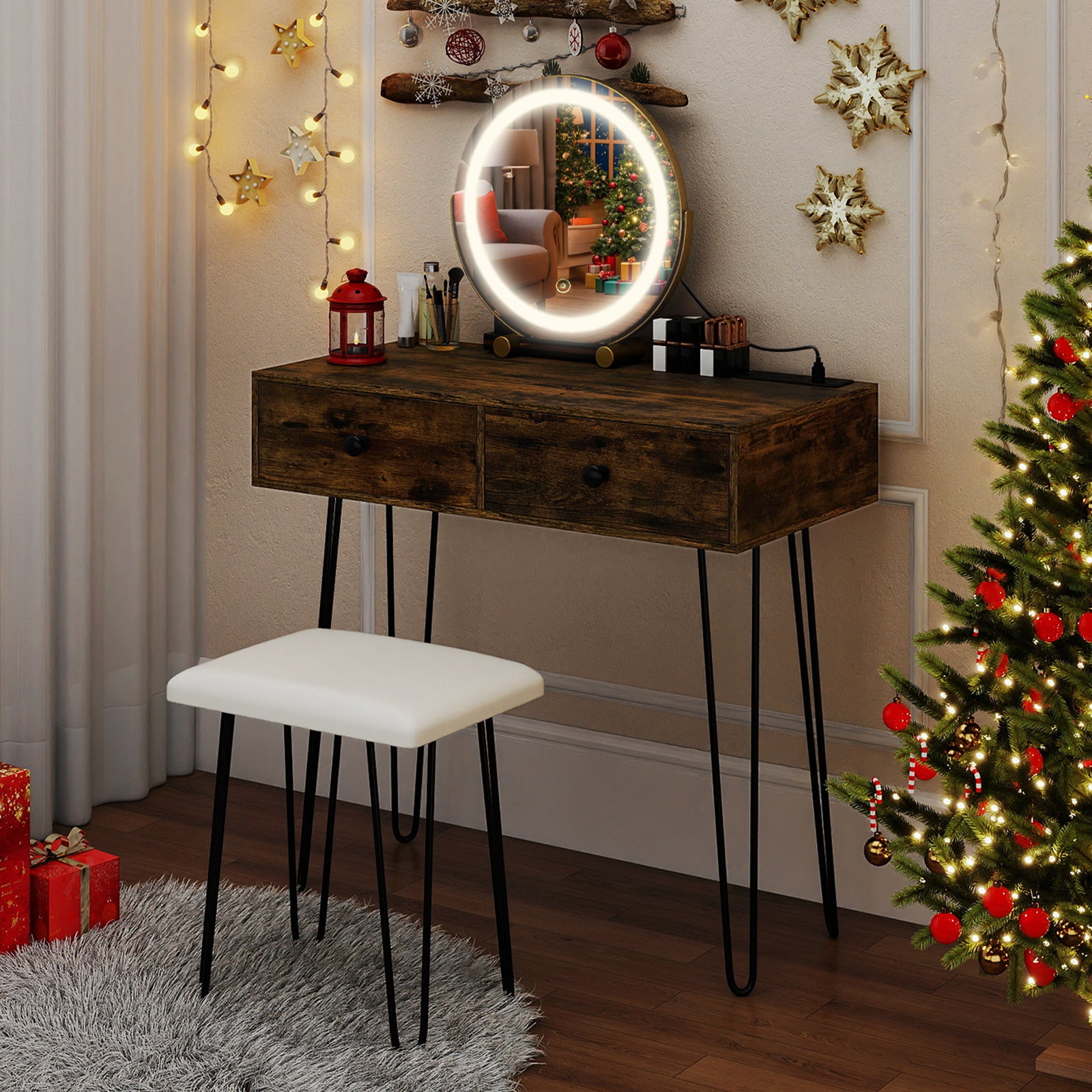 Vanity Desk with with Lighted Adjustable Mirror for Bedroom-Rustic Brown