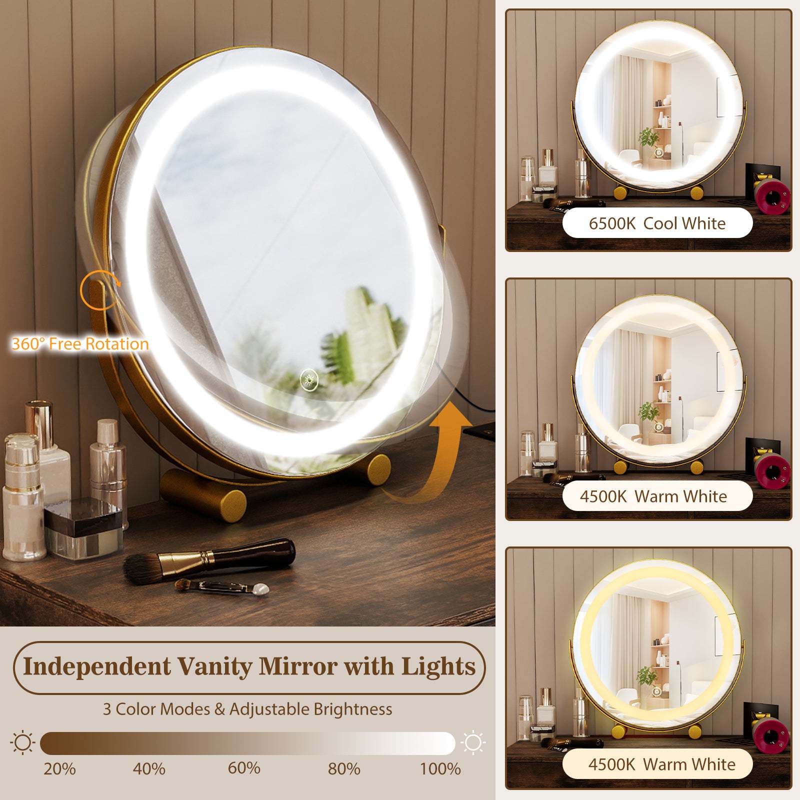 Vanity Desk with with Lighted Adjustable Mirror for Bedroom-Rustic Brown