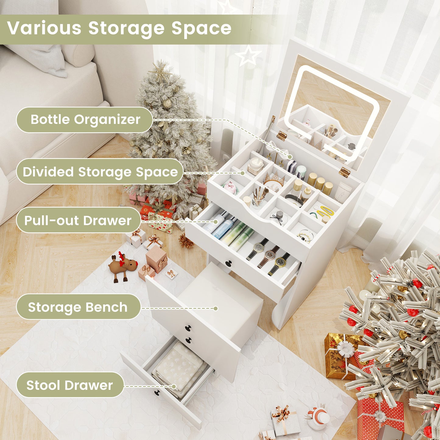 3-in-1 Vanity Set with Cushioned Stool and Flip-up Mirror-White
