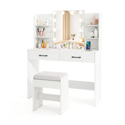 Vanity Set with Lighted Mirror and Stool with Power Outlet-Black - White