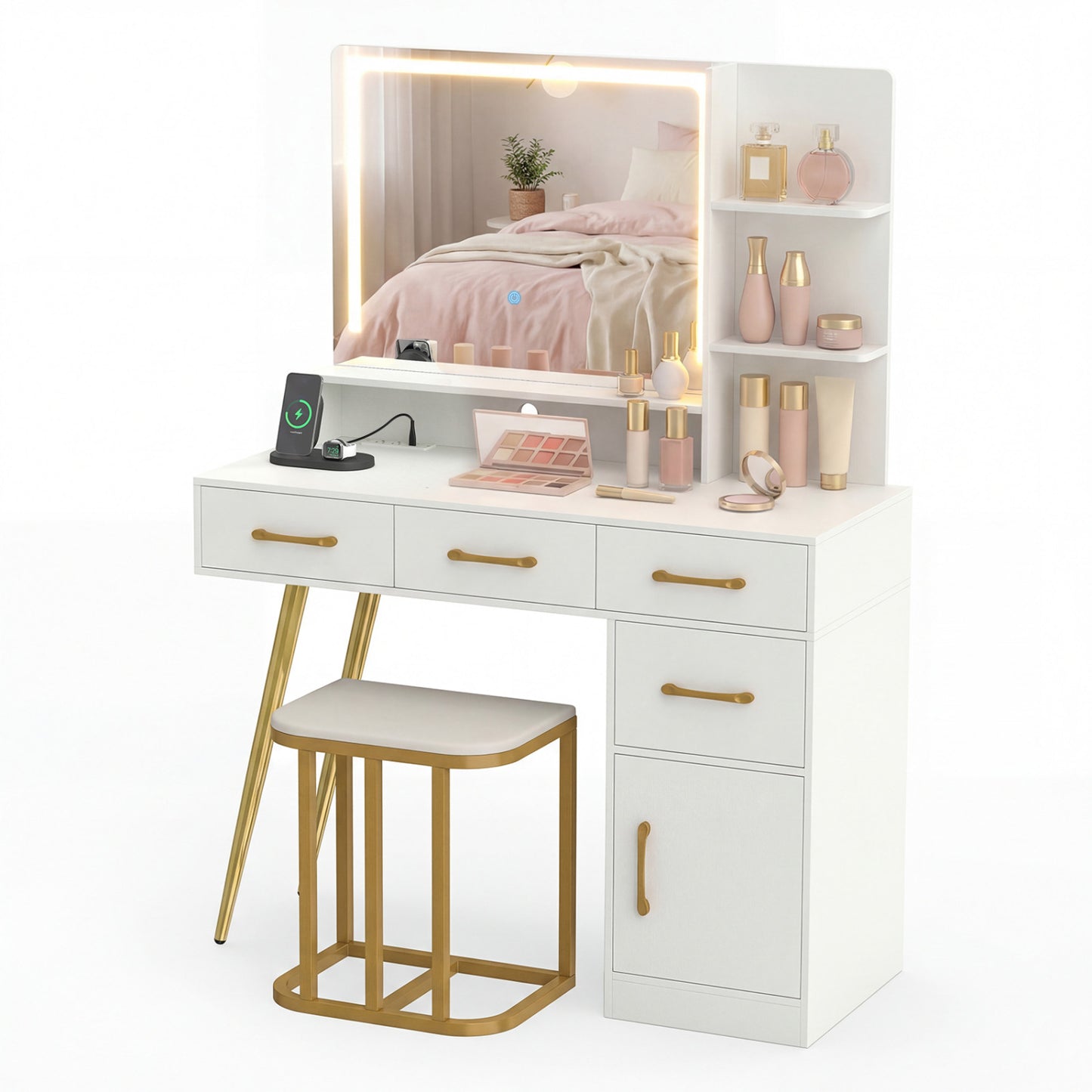 Vanity Set with Mirror and Lights and Table with Adjustable Brightness-White