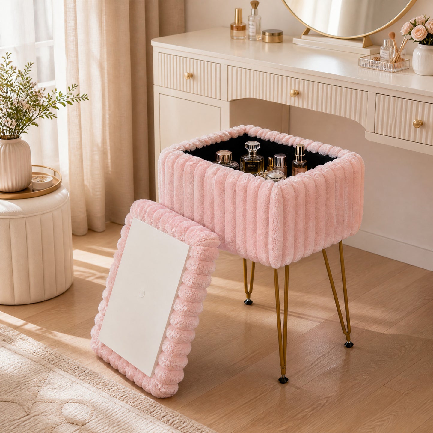 Vanity Stool with Storage and Reversible Lid - Pink