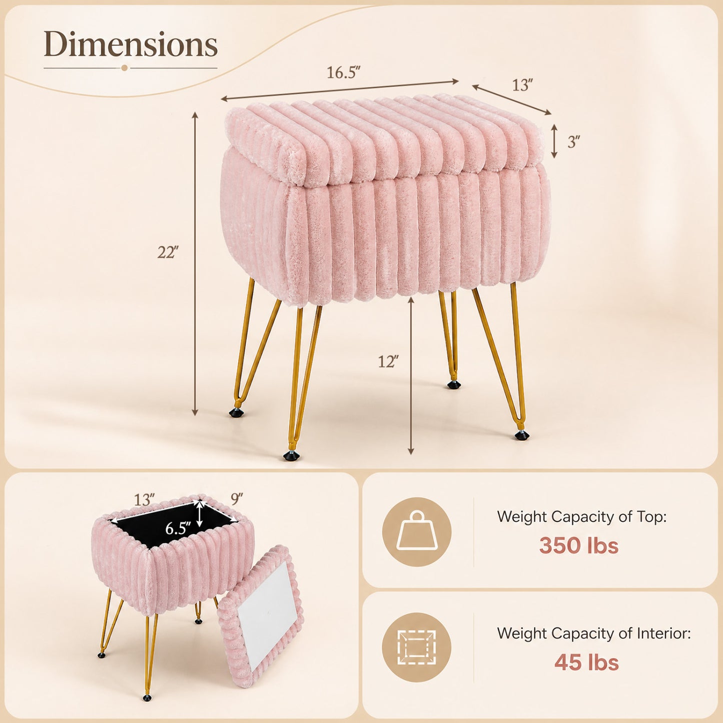 Vanity Stool with Storage and Reversible Lid - Pink