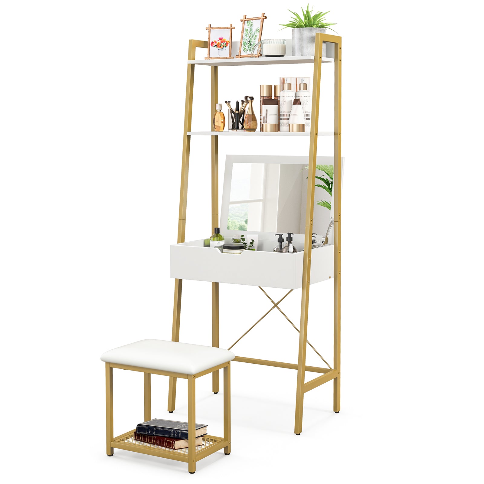 Ladder Vanity Desk Set with Flip Top Mirror and Cushioned Stool-Black - Golden