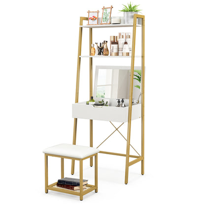 Ladder Vanity Desk Set with Flip Top Mirror and Cushioned Stool-Black - Golden