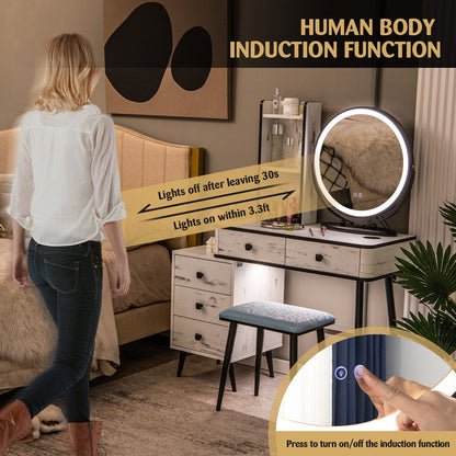 Vanity Table Set with 3-Color Lighted Mirror and Cushioned Stool-Rustic Brown - White