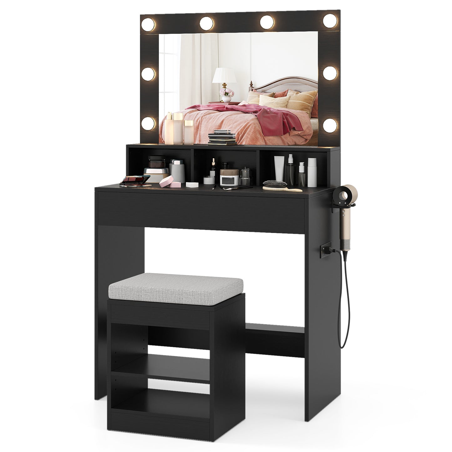 Vanity Table Set with Lighted Mirror and Cushion Stool-Black