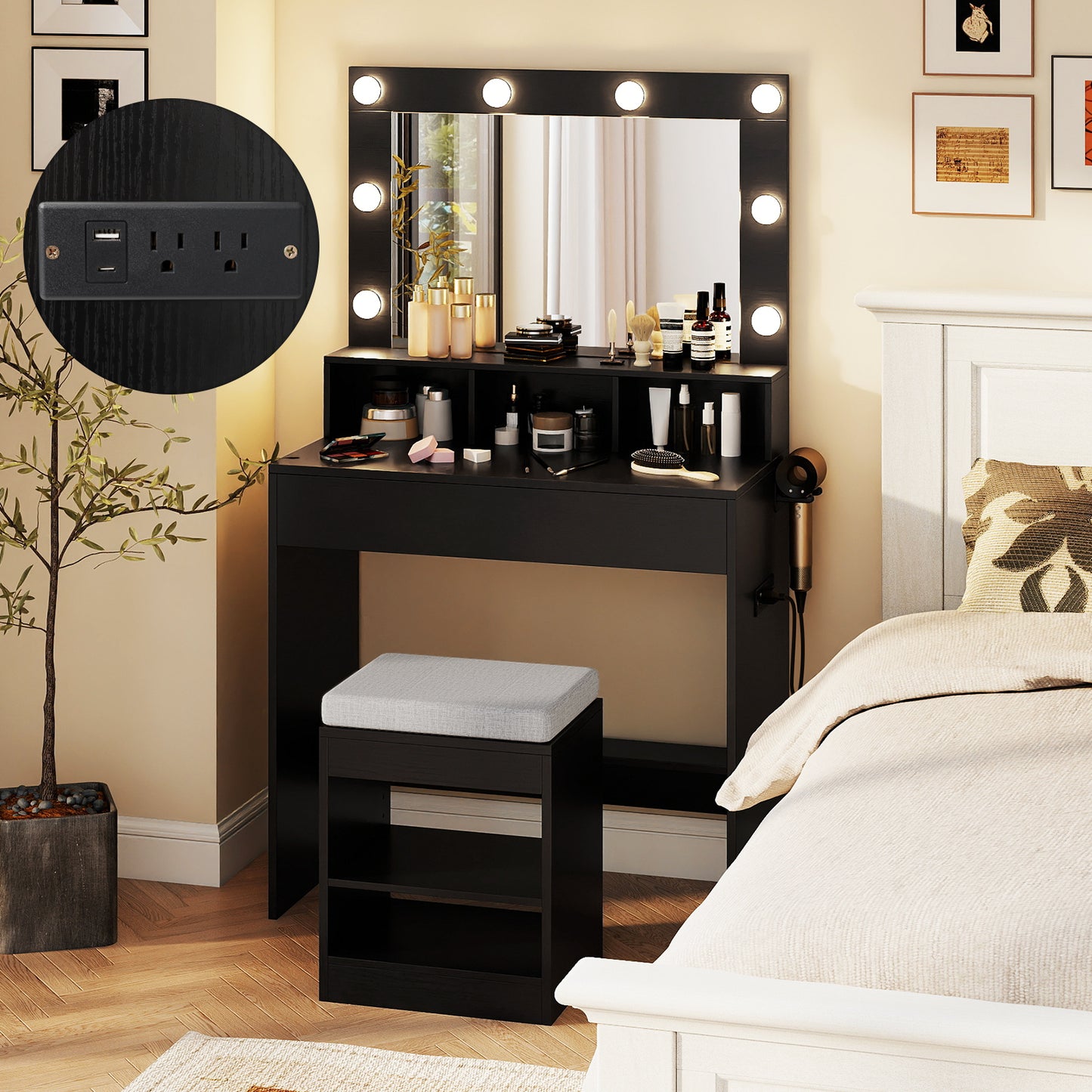 Vanity Table Set with Lighted Mirror and Cushion Stool-Black