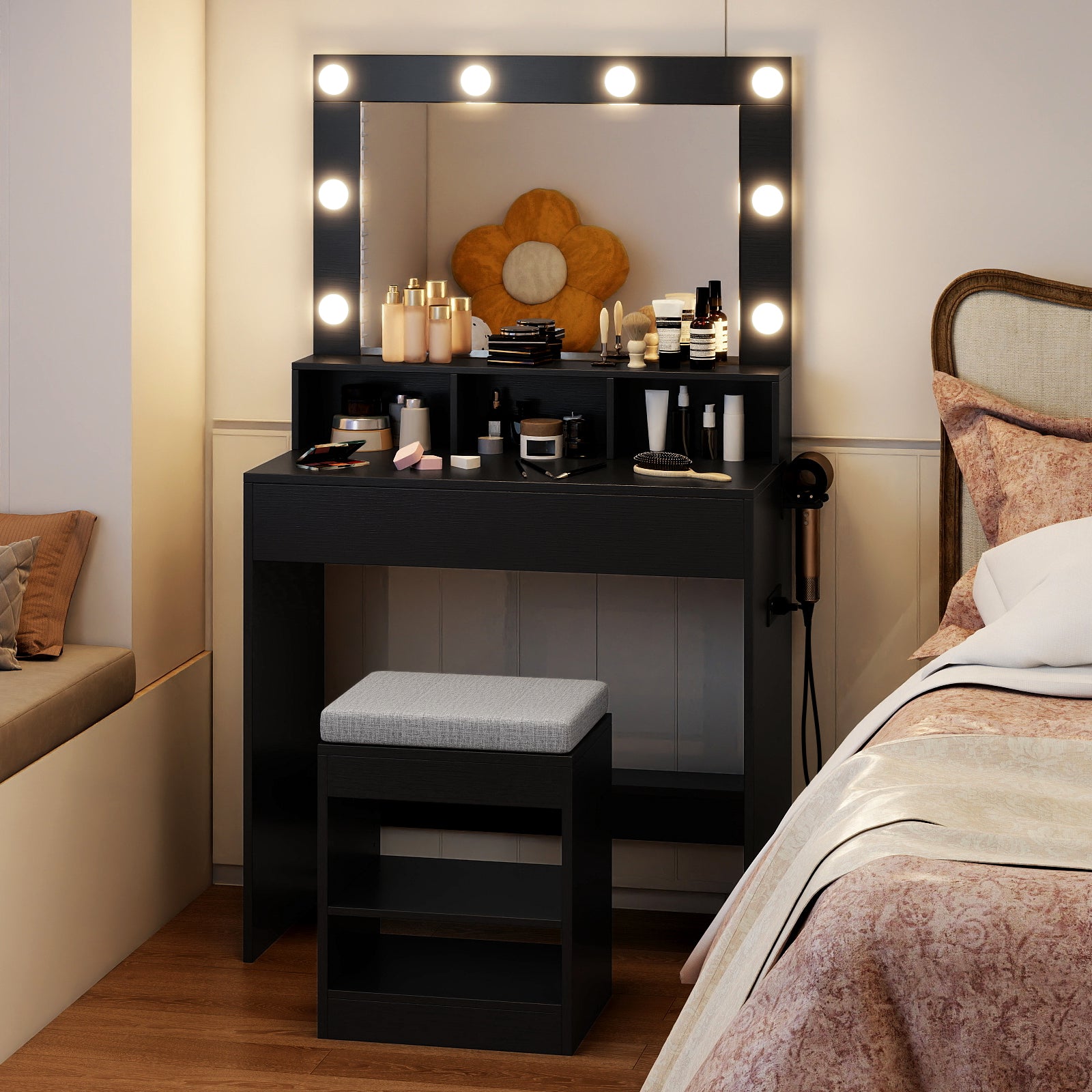 Vanity Table Set with Lighted Mirror and Cushion Stool-Black