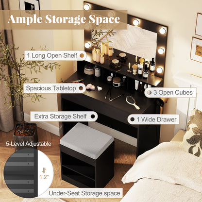 Vanity Table Set with Lighted Mirror and Cushion Stool-Black