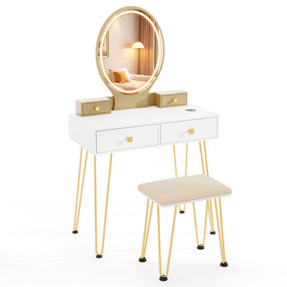 Vanity Table Set with 3-Color Lighted Dimmable Mirror-Brown - White