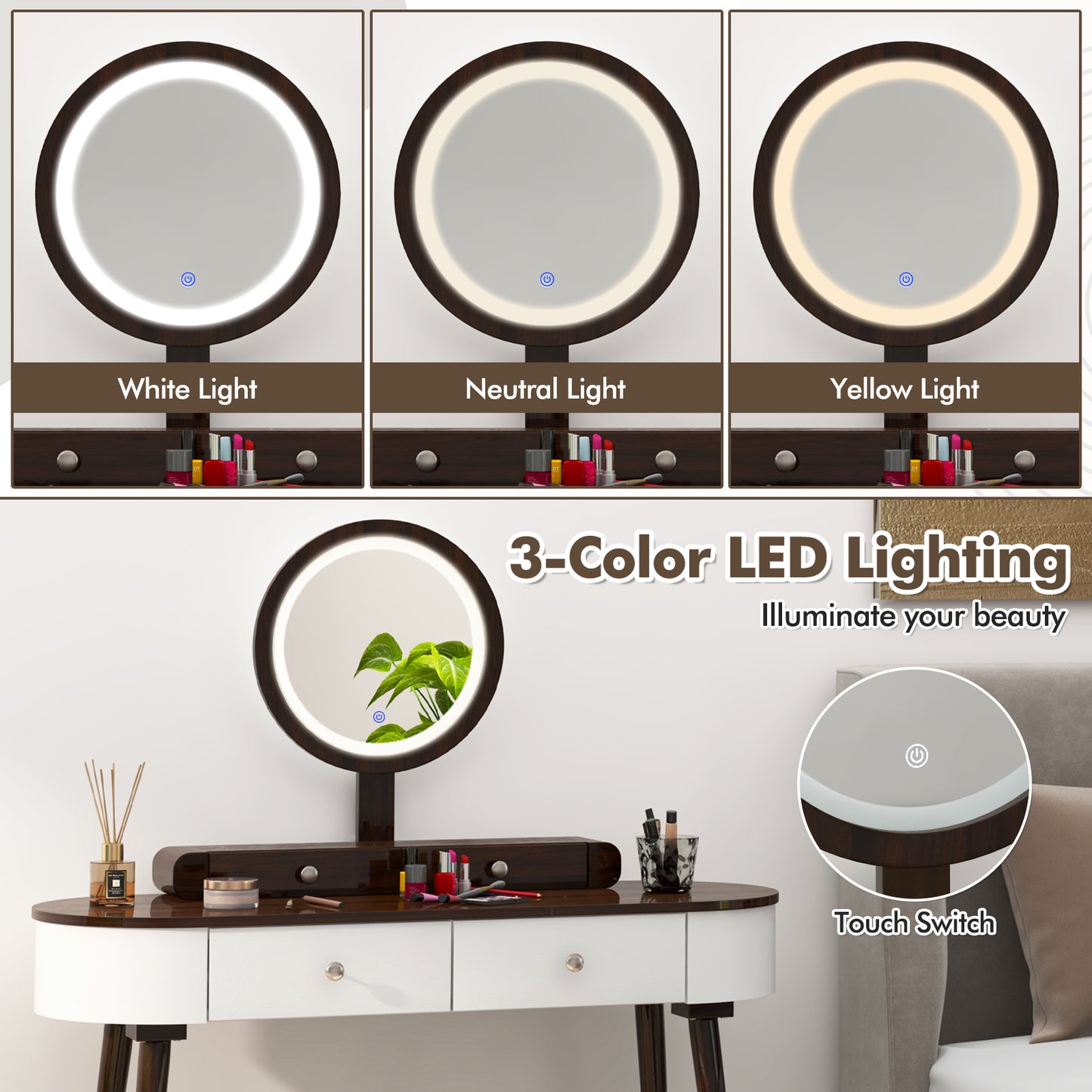 Makeup Vanity Table Set with LED Mirror and 3 Spacious Drawers