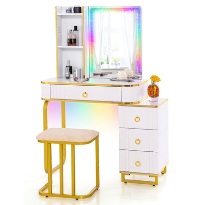 Vanity Table Set with RGB LED Lights and Wireless Charging Station-Black - White