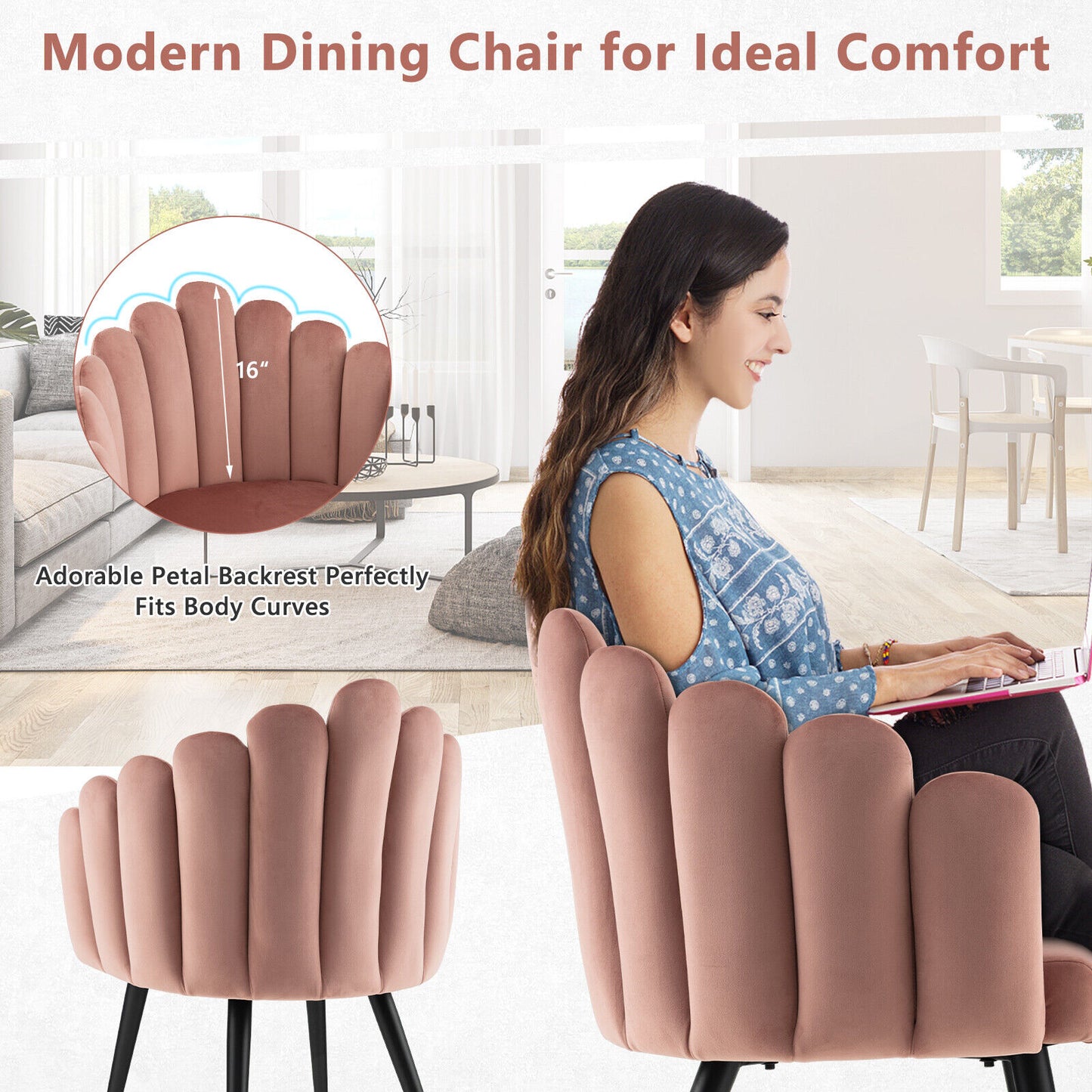 Modern Velvet Dining Chair with Metal Base and Petal Backrest-Pink