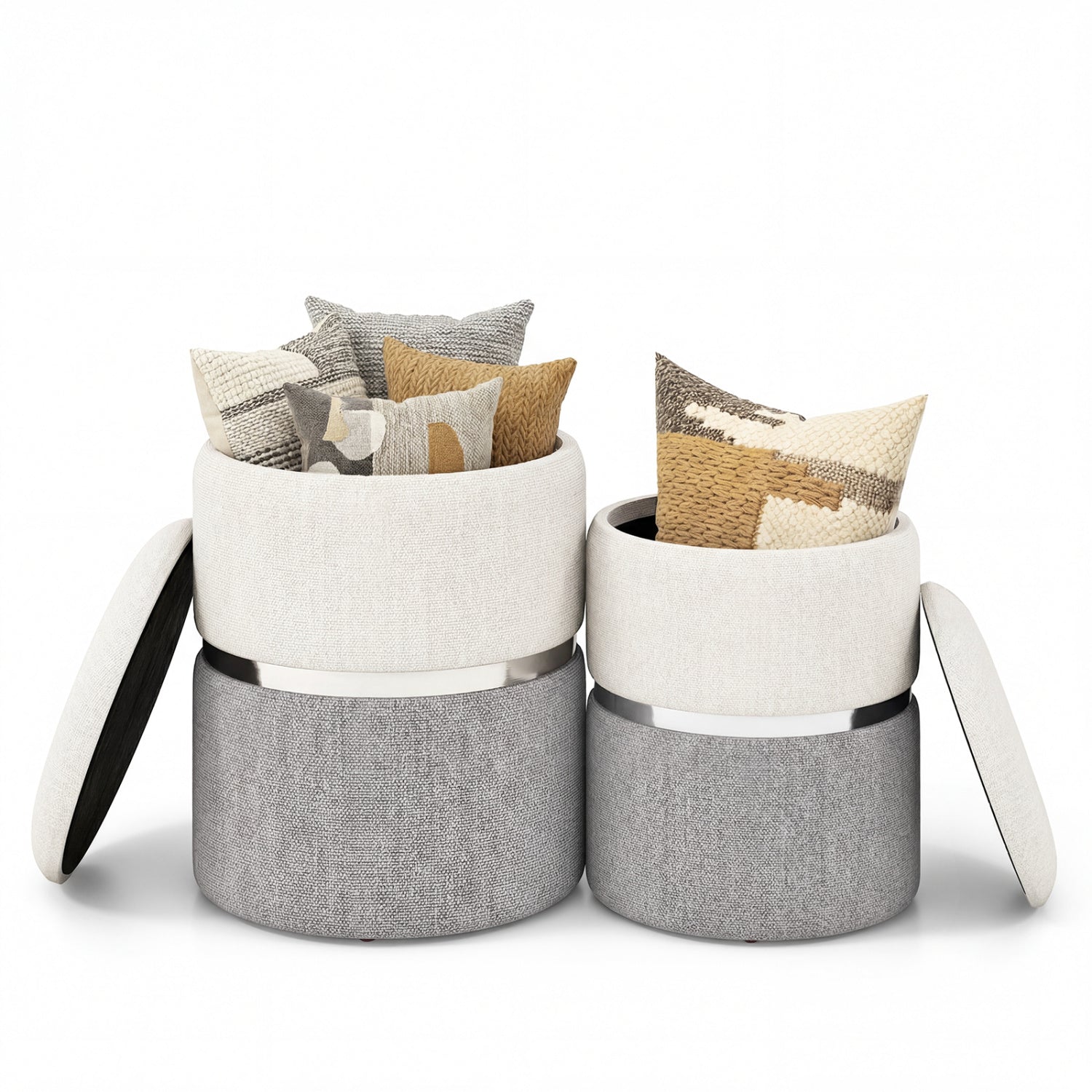 Velvet/Linen Fabric Storage Ottoman Set of 2-Gray