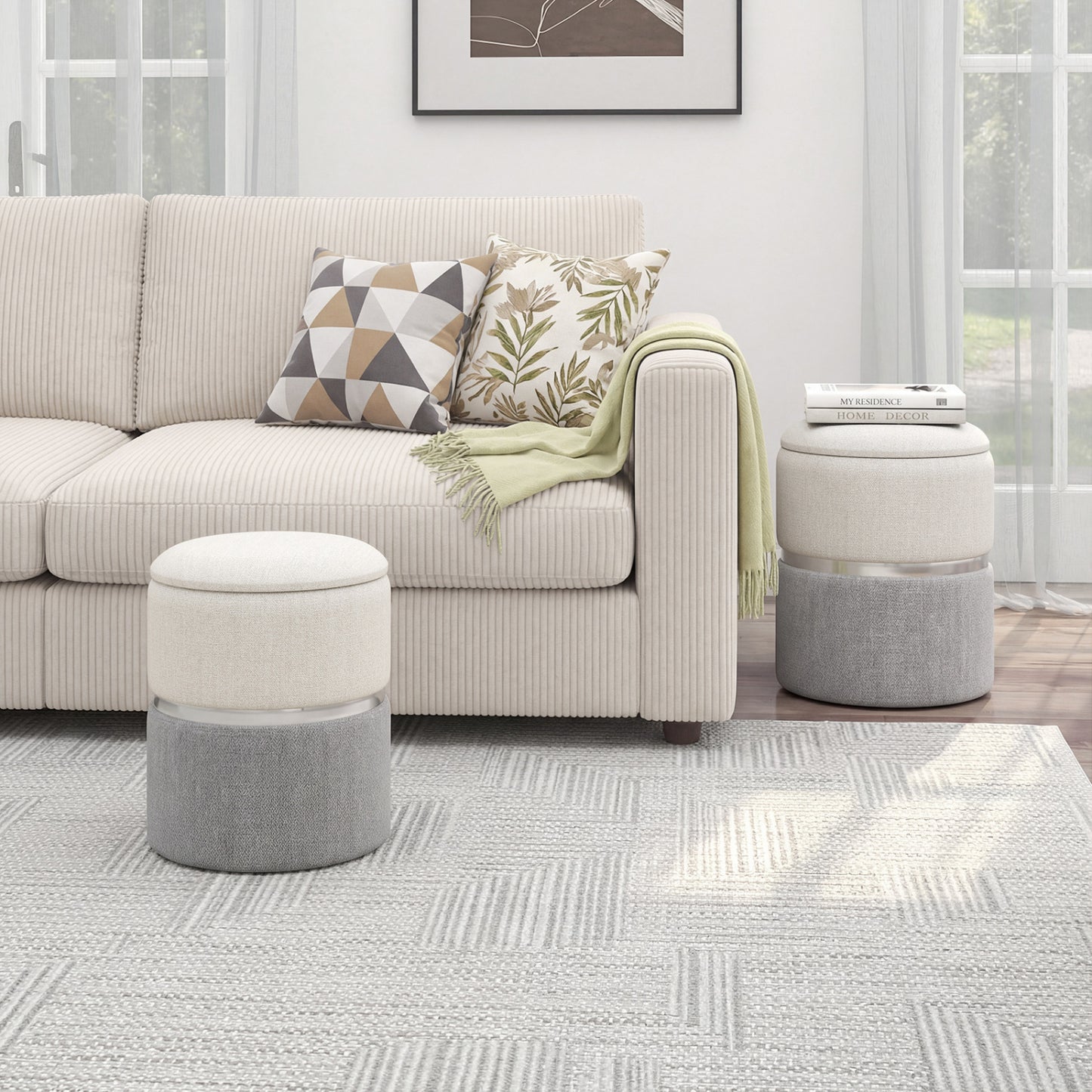 Velvet/Linen Fabric Storage Ottoman Set of 2-Gray