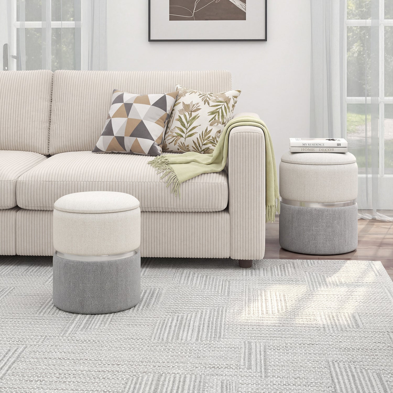 Velvet/Linen Fabric Storage Ottoman Set of 2-Gray