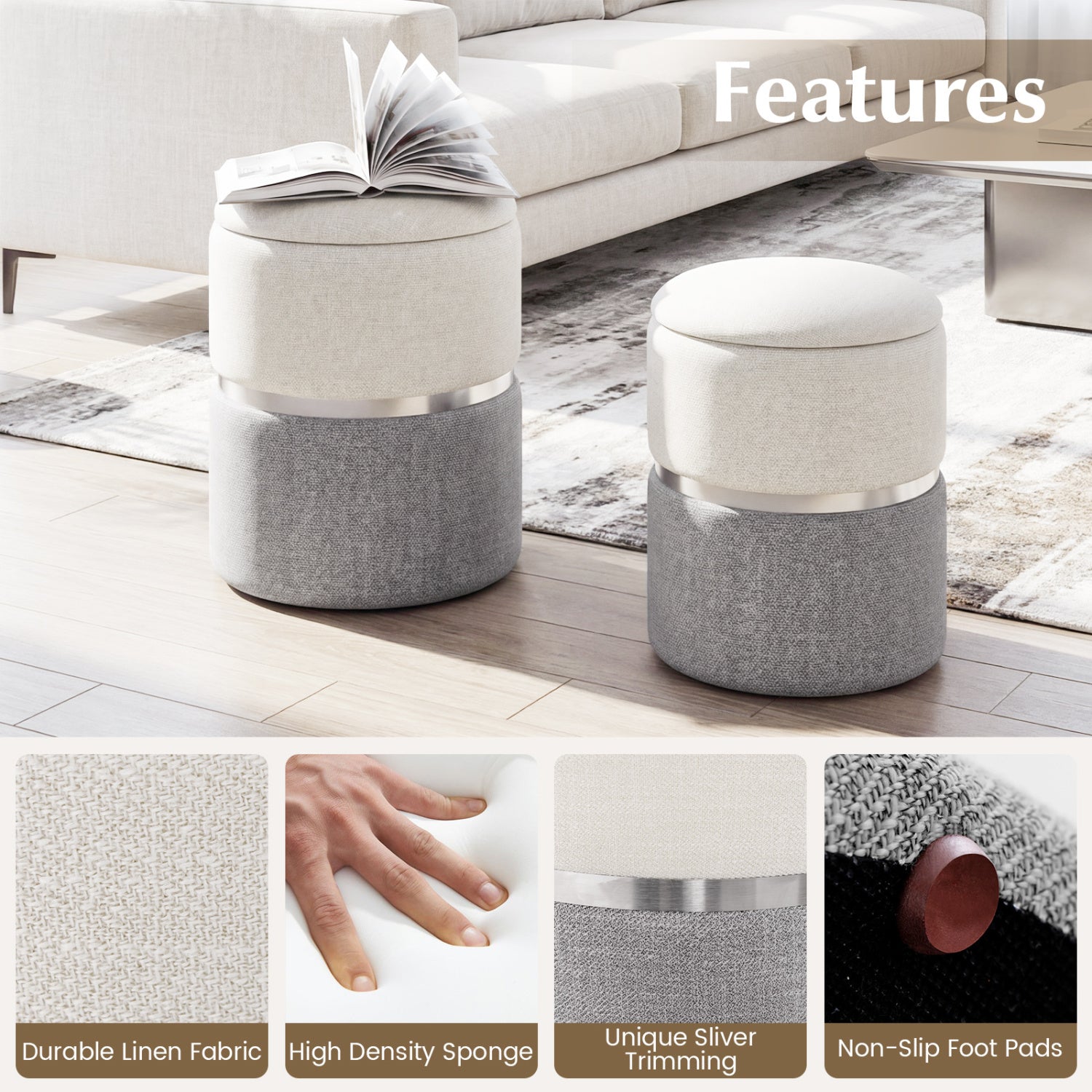 Velvet/Linen Fabric Storage Ottoman Set of 2-Gray