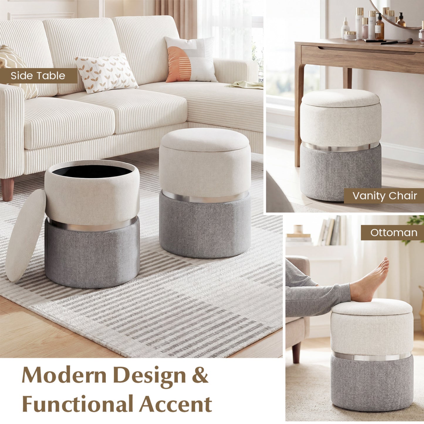 Velvet/Linen Fabric Storage Ottoman Set of 2-Gray