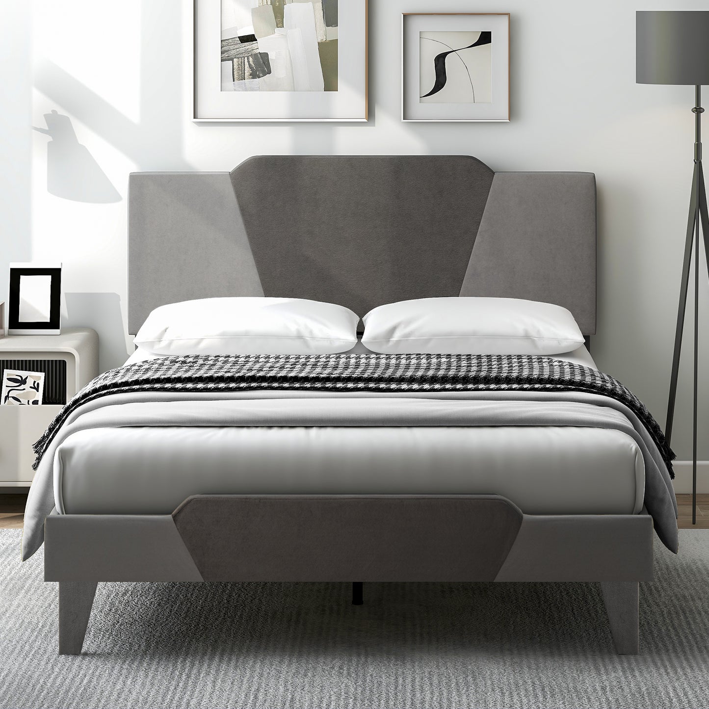 Full/Queen/Twin Velvet Upholstered Bed Frame with High Headboard