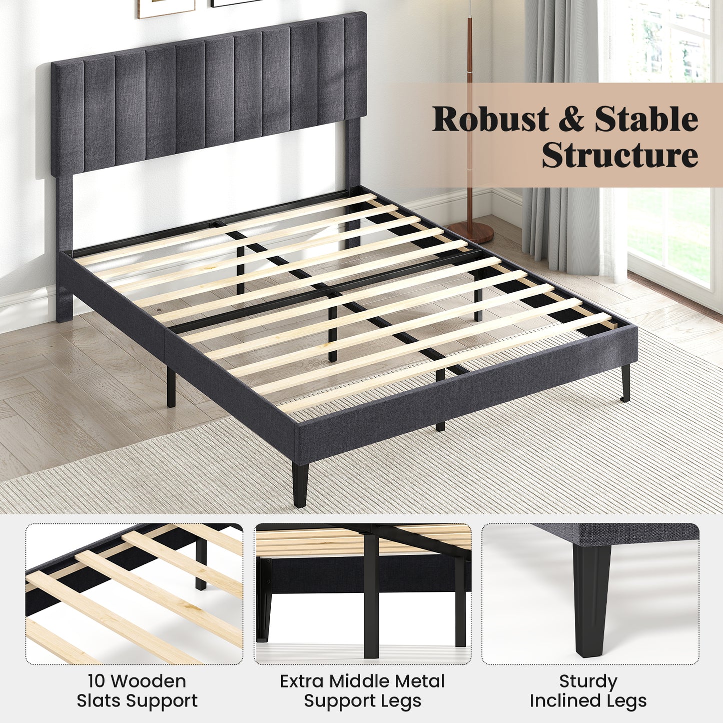 Velvet Upholstered Platform Bed with Height Adjustable Vertical Channel Headboard-Queen Size