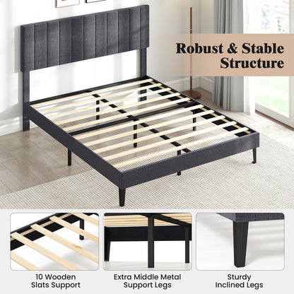 Velvet Upholstered Platform Bed with Height Adjustable Vertical Channel Headboard-Queen Size