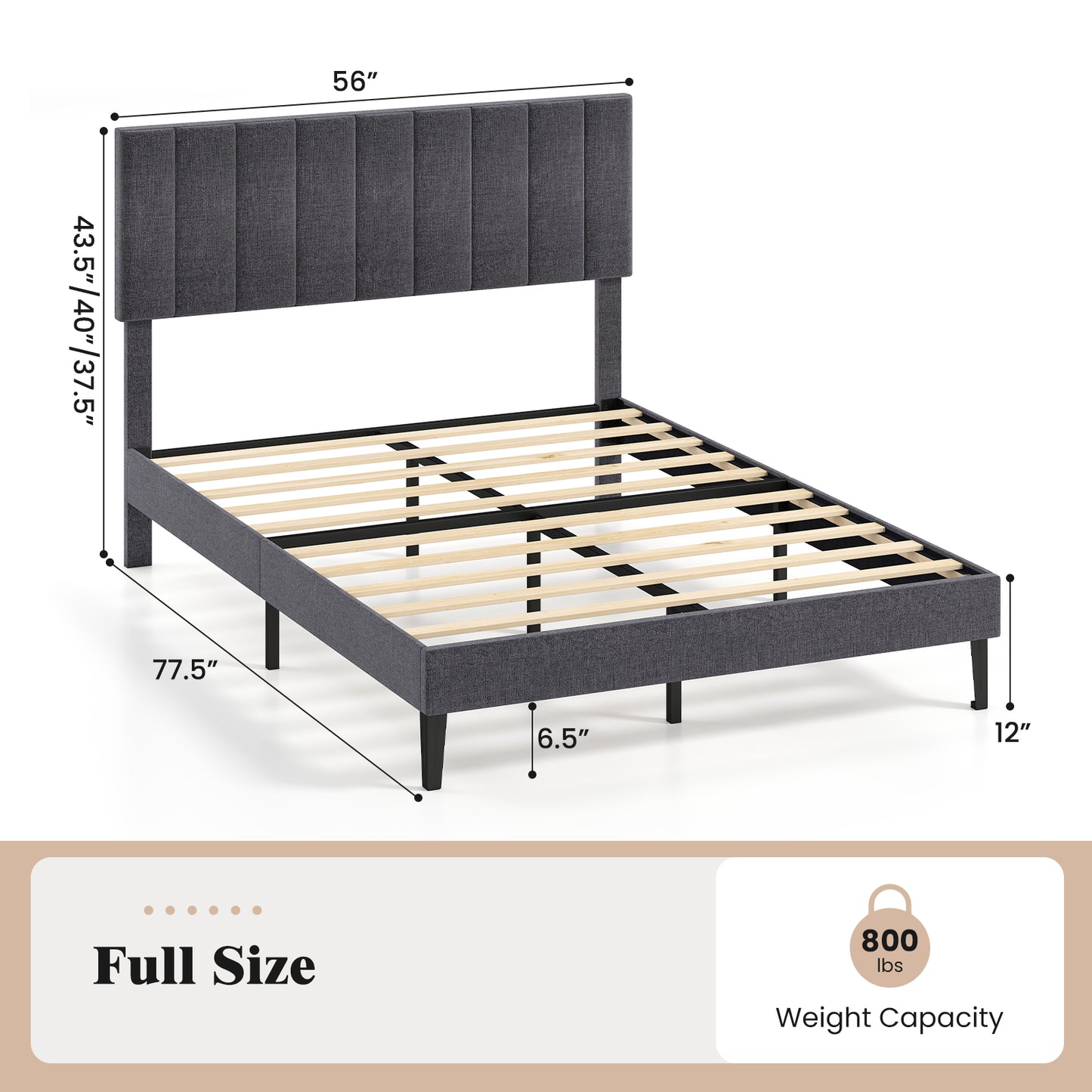 Velvet Upholstered Platform Bed with Height Adjustable Vertical Channel Headboard-Full Size