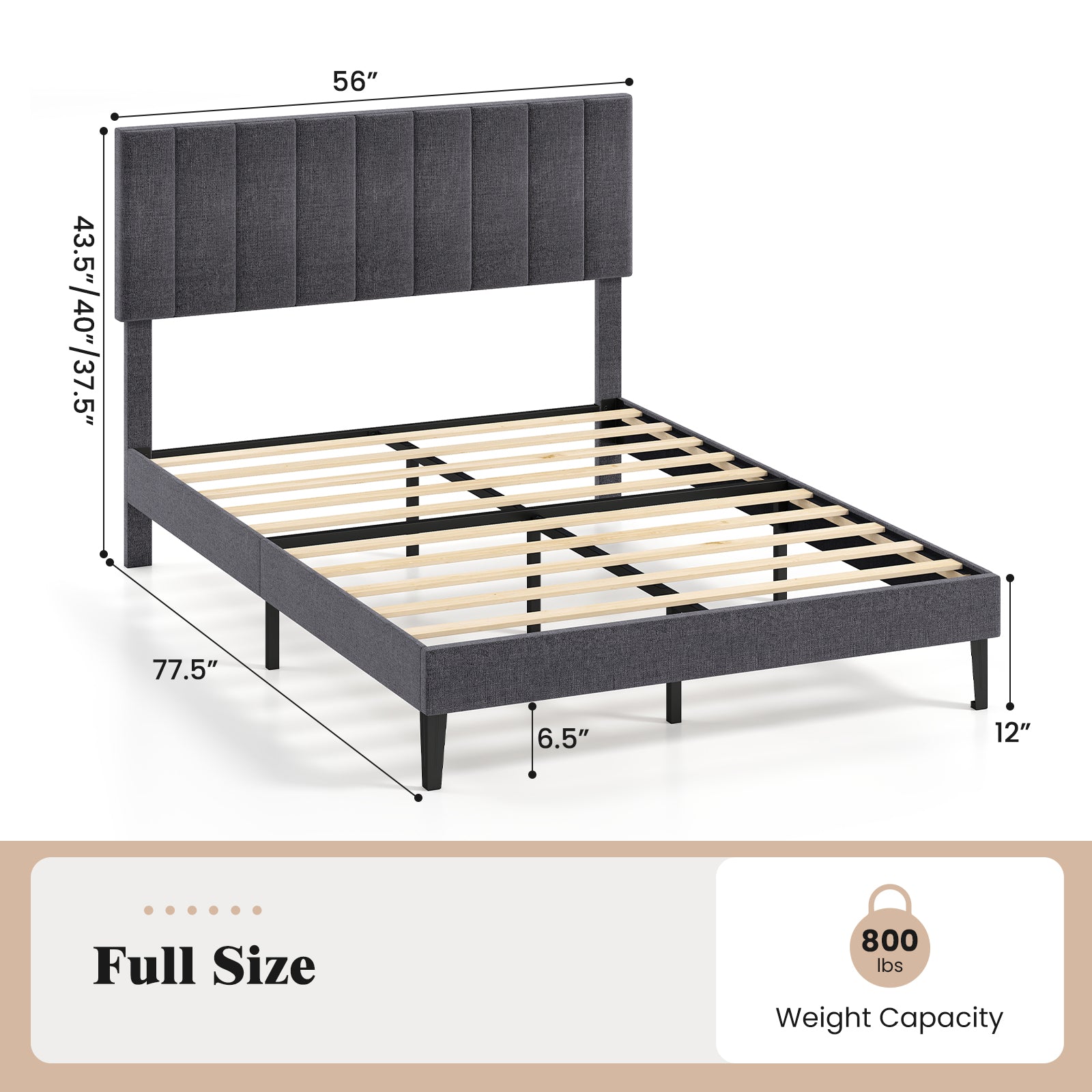 Velvet Upholstered Platform Bed with Height Adjustable Vertical Channel Headboard-Full Size