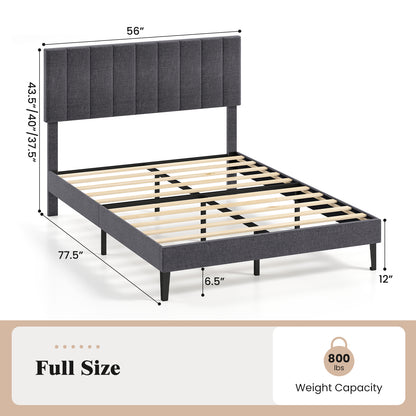 Velvet Upholstered Platform Bed with Height Adjustable Vertical Channel Headboard-Full Size