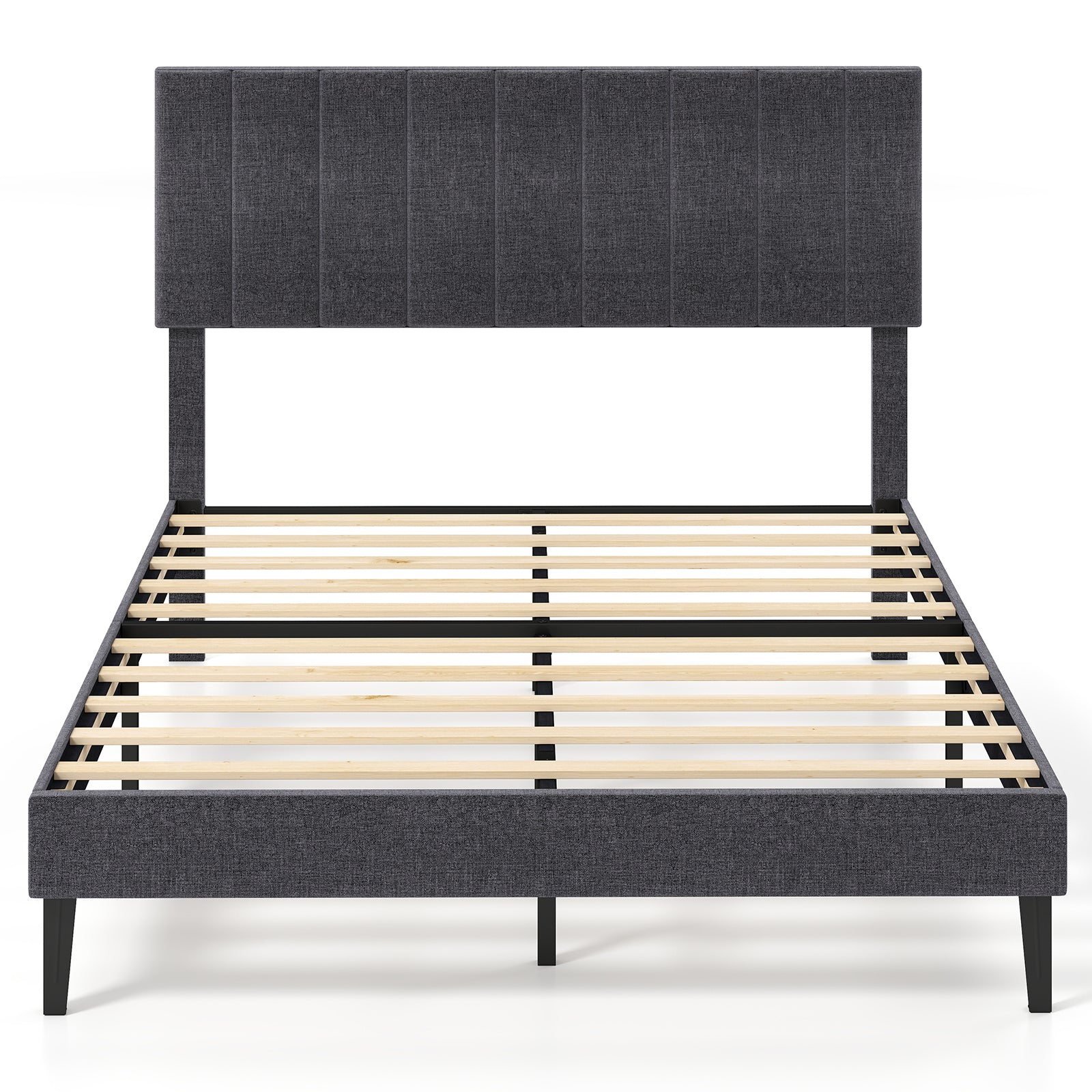 Velvet Upholstered Platform Bed with Height Adjustable Vertical Channel Headboard-Full Size