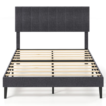 Velvet Upholstered Platform Bed with Height Adjustable Vertical Channel Headboard-Full Size
