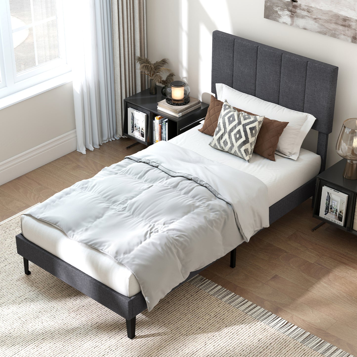 Upholstered Platform Bed with Adjustable Headboard - Twin Size