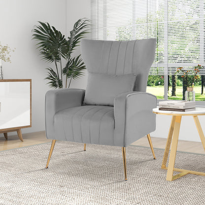 Velvet Upholstered Wingback Chair with Lumbar Pillow and Golden Metal Legs-Gray