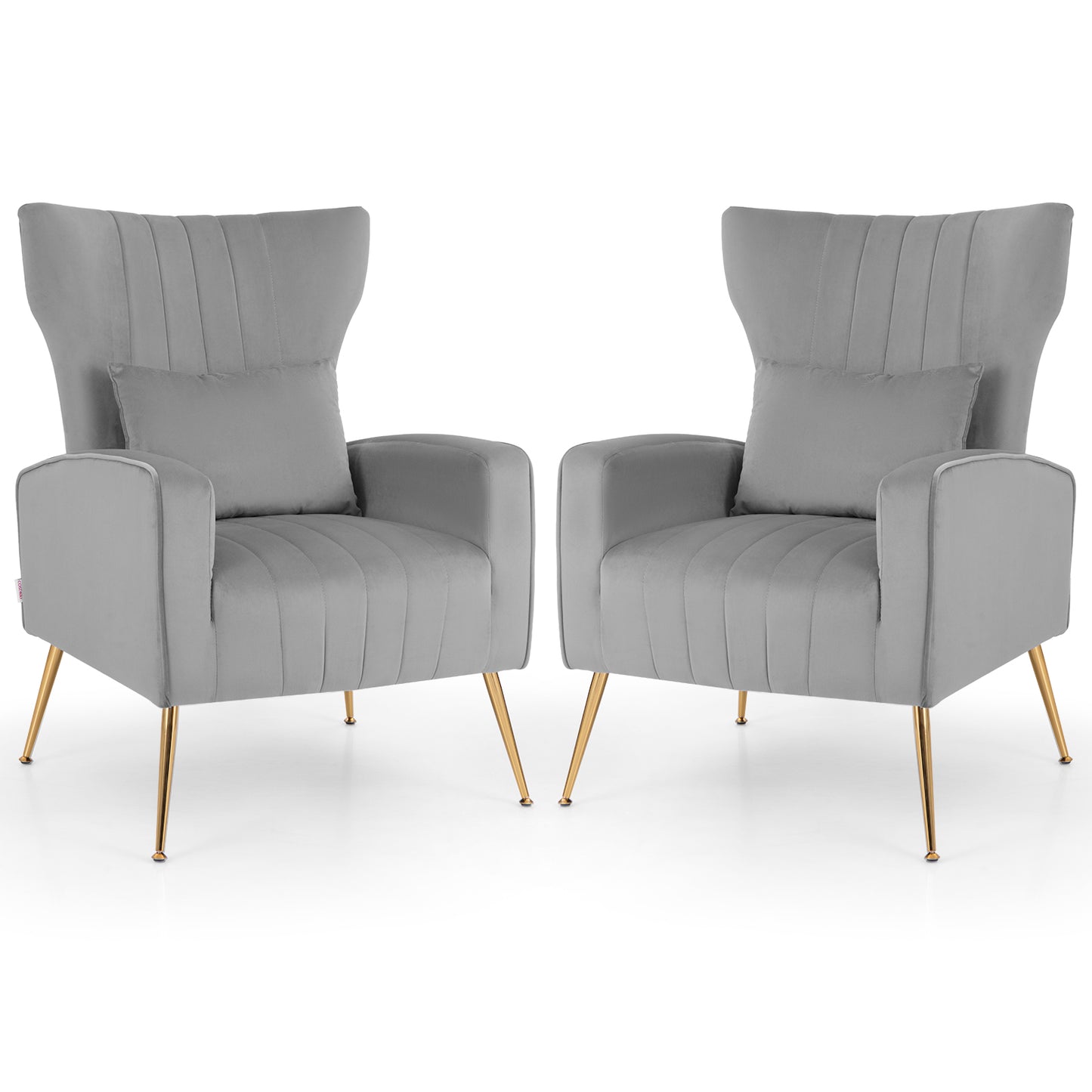 Velvet Upholstered Wingback Chair with Lumbar Pillow and Golden Metal Legs-Gray