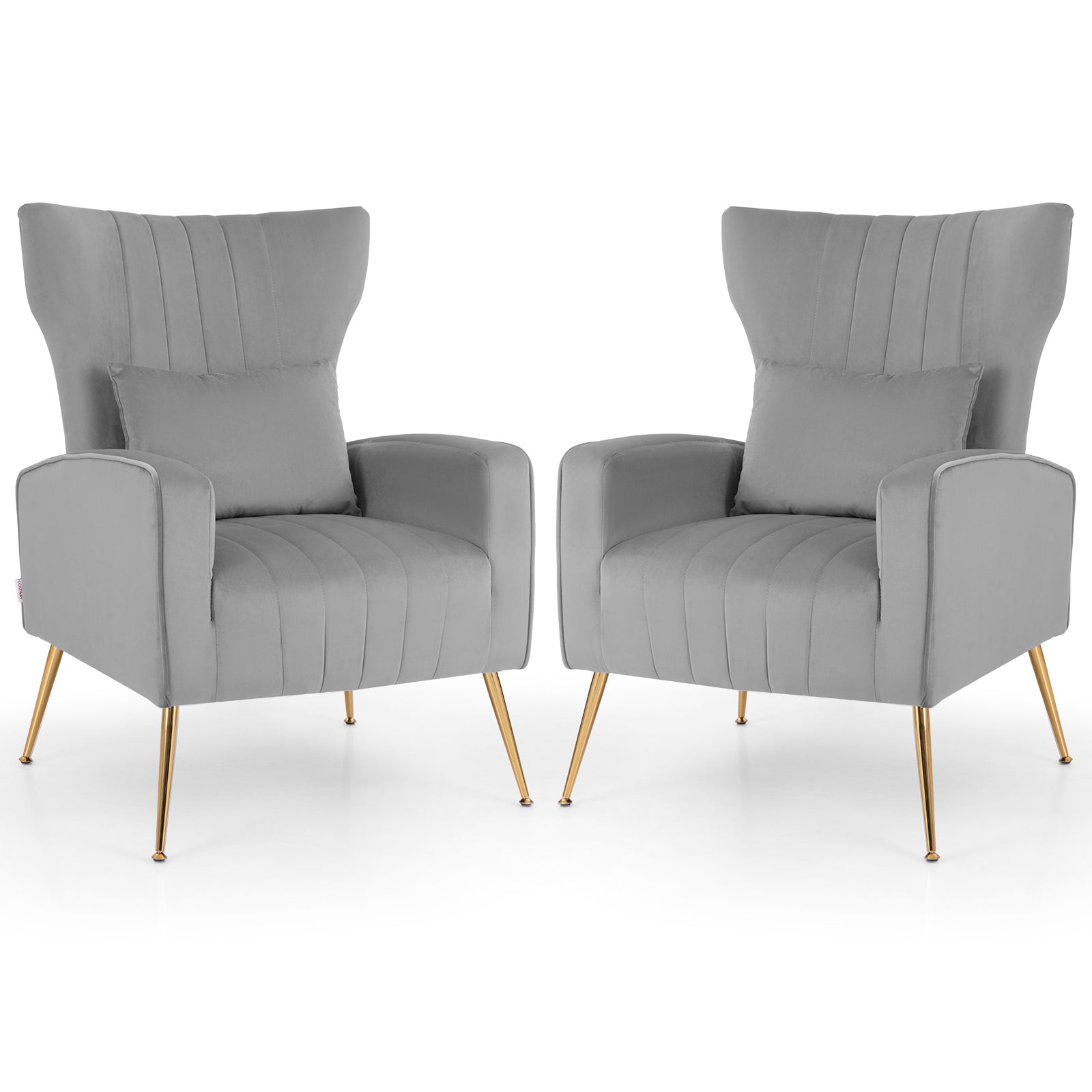 Velvet Upholstered Wingback Chair with Lumbar Pillow and Golden Metal Legs-Gray