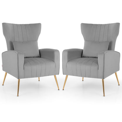 Velvet Upholstered Wingback Chair with Lumbar Pillow and Golden Metal Legs-Gray